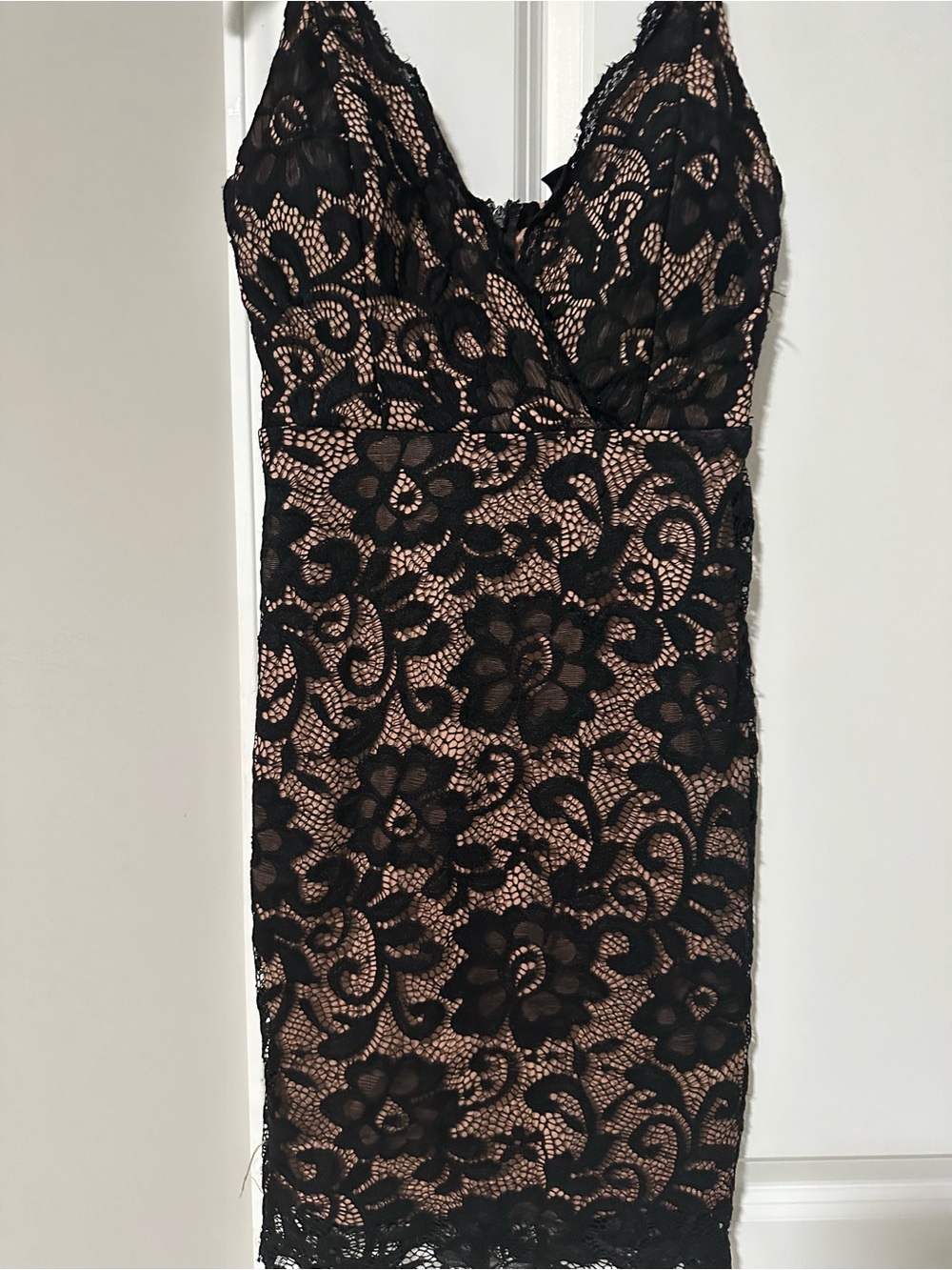 Windsor Black Lace Over Nude Slip Bodycon Dress